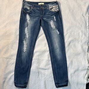 Almost Famous Distressed Jeans, Lace Accents, Size 9, NWOT, Feminine Rocker